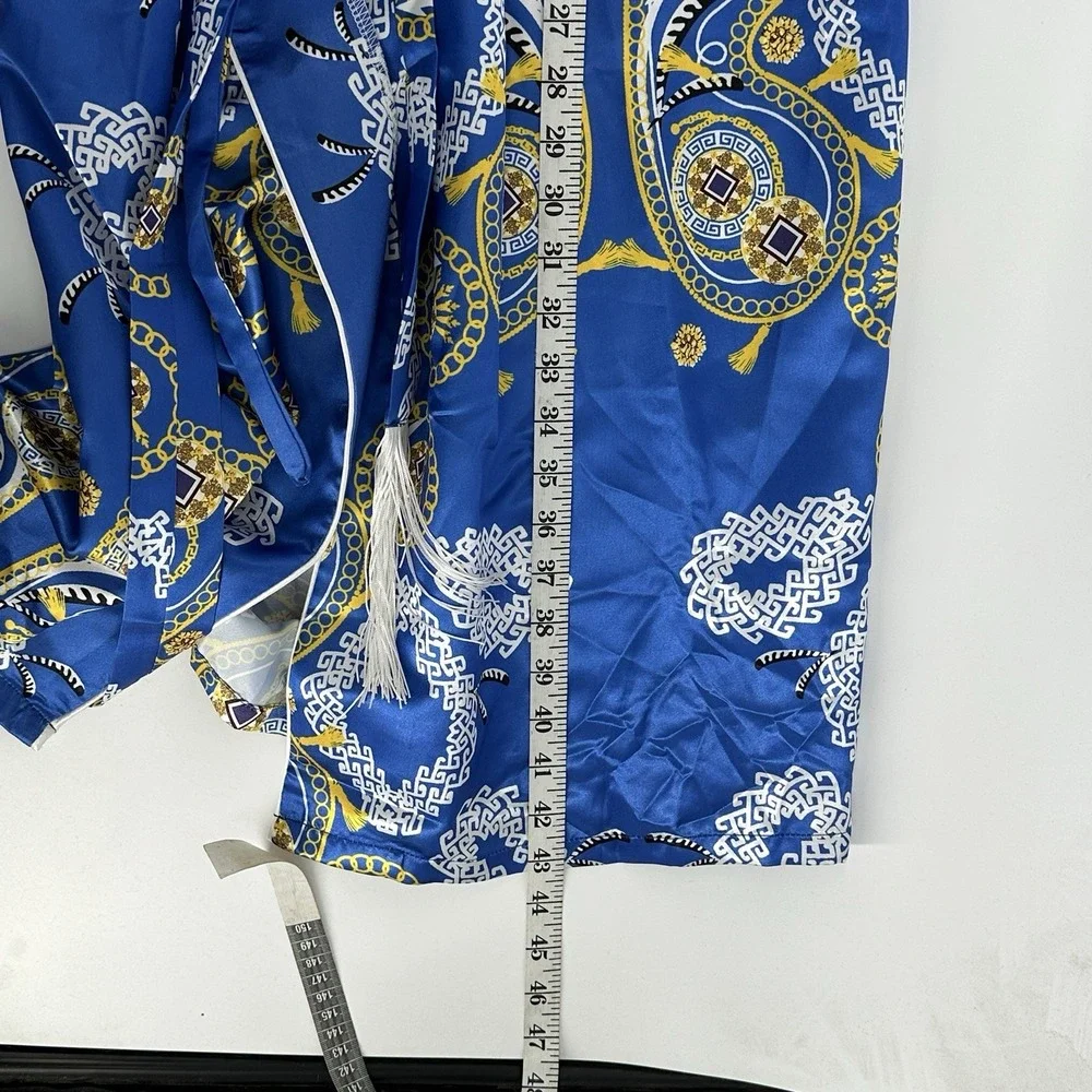 Corona Lounge Robe Mens M/L Blue And Gold Allover Paisley Print Satin